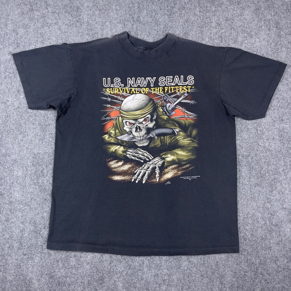 Vintage 1992 US Navy Seals Survival Fittest 3D Emblem T-Shirt Mens Large Black